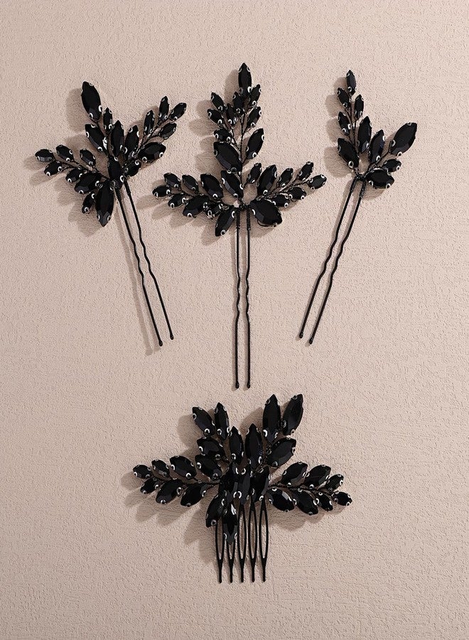 Xerling Wedding Hair Comb Black Rhinestone Hair Pins Brides Bridal Hair Jewelry Accessories Women Headpieces for Prom Party Festival 4Pcs (Black) - Image 1